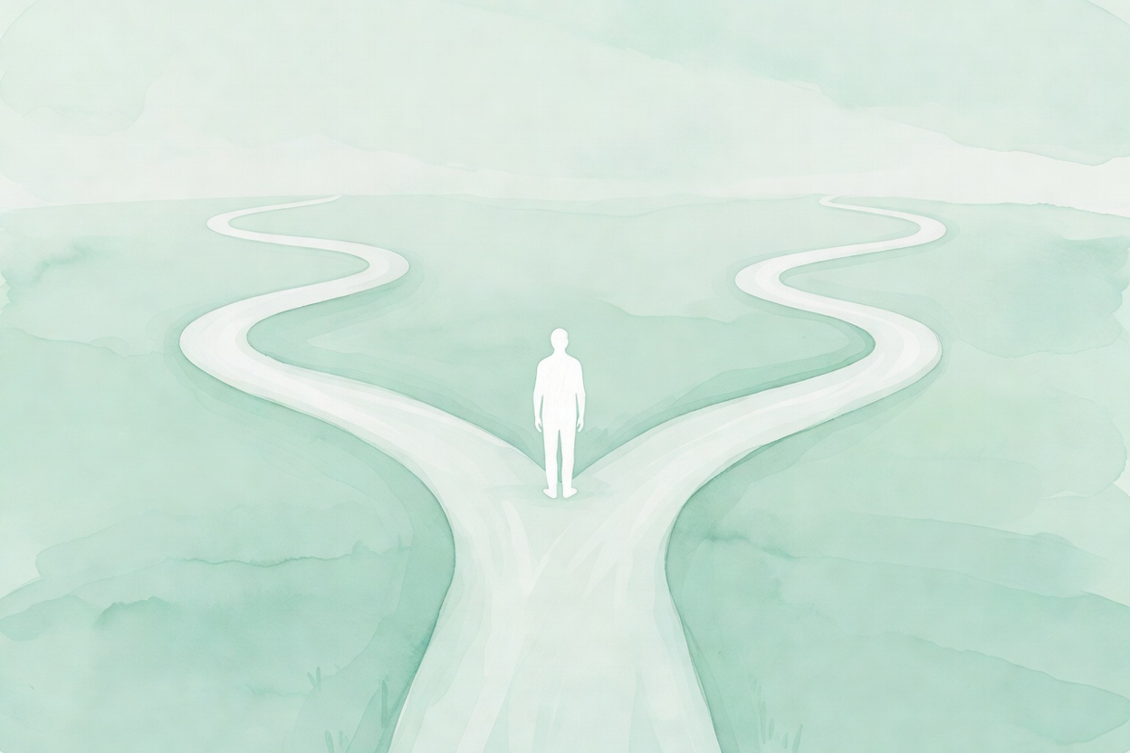 A sober watercolor illustration of a silhouette standing at a fork in a winding path, mint green and pale turquoise palette, evoking a meaningful choice and new beginnings.