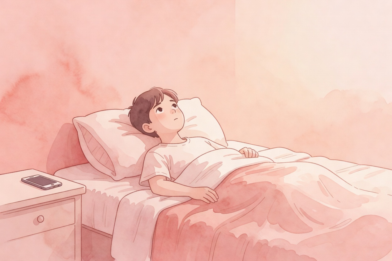 Composicion en acuarela sobria: una persona mirando el techo en la cama, telefono apagado a un lado, atmosfera de noche larga, paleta coral muted, rosa palido, durazno.