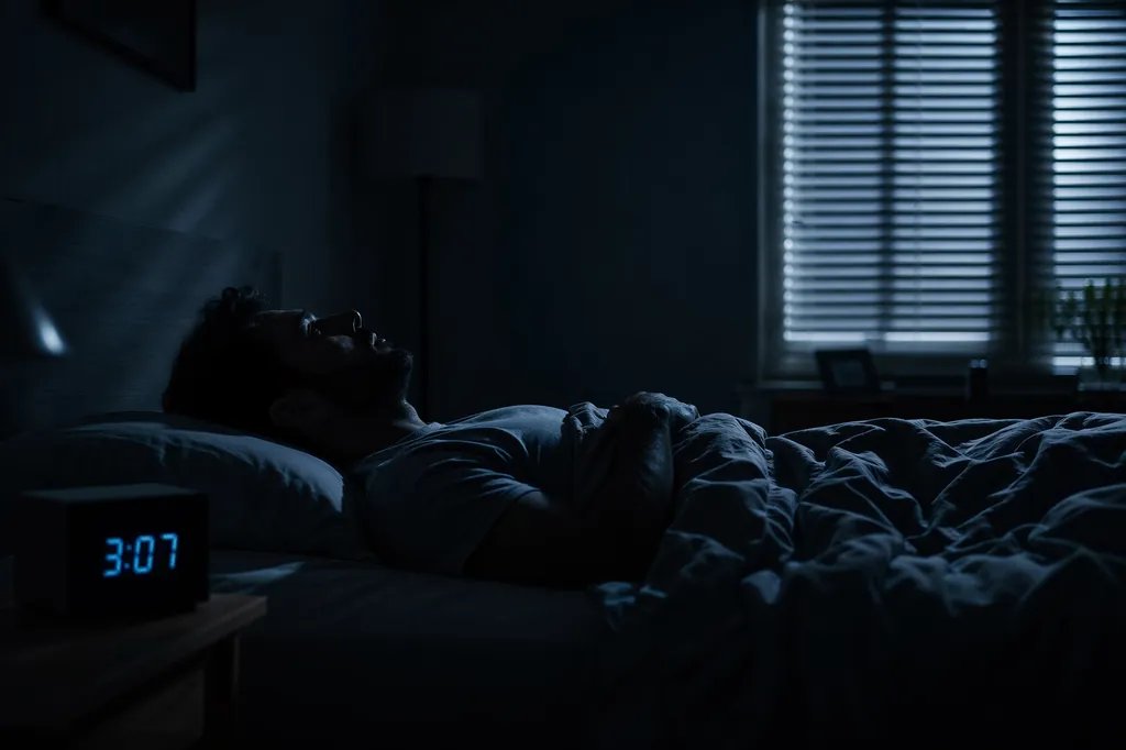 Silueta de quien no puede dormir mirando el techo de madrugada, luz tenue del reloj