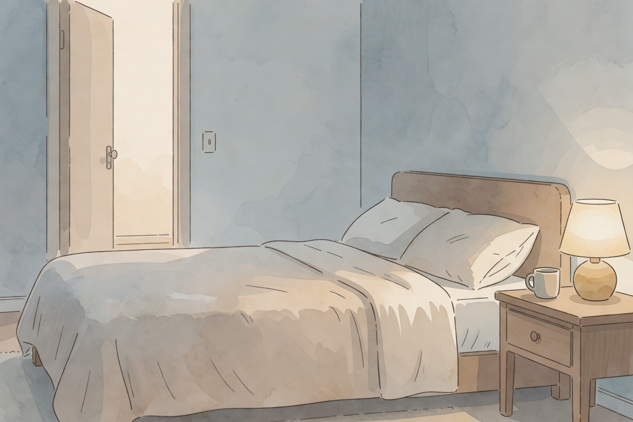 Composicion en acuarela sobria: habitacion tenue con cama perfectamente tendida, mesita de noche con lampara encendida y taza vacia ordenada, puerta abierta hacia otra sala con luz, atmosfera de santuario del sueno, paleta con tonos azul grisaceo, beige calido y mostaza suave.
