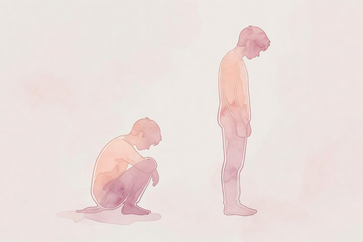 Editorial watercolor illustration with teal and sand gradient on the concept of distinguishing genuine humility from low self-esteem, with a symbolic balance between two internal voices