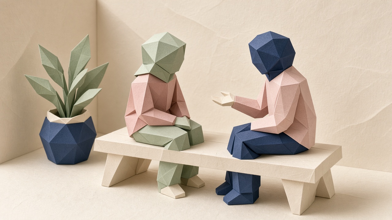 Ilustración papercraft: dos personas en un banco, una abre un espacio con la mano extendida