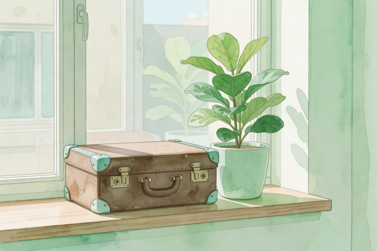 Composicion en acuarela sobria: maleta y una planta en la ventana de un departamento nuevo, atmosfera de inicio concreto, paleta mint verde, cal, turquesa palido.