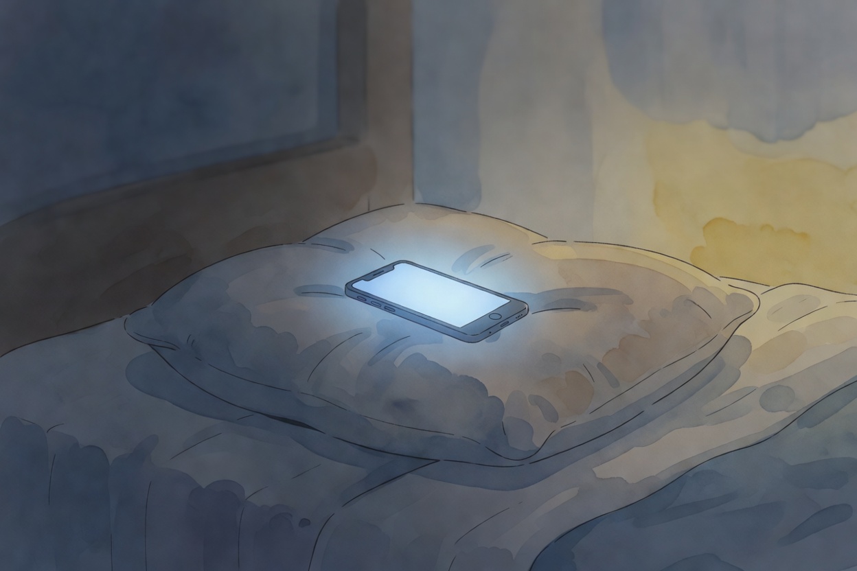 Composicion en acuarela sobria: celular encendido brillando en la oscuridad cerca de una almohada, luz azul tenue del dispositivo contrastando con cuarto oscuro, paleta con tonos azul grisaceo, beige calido y mostaza suave.