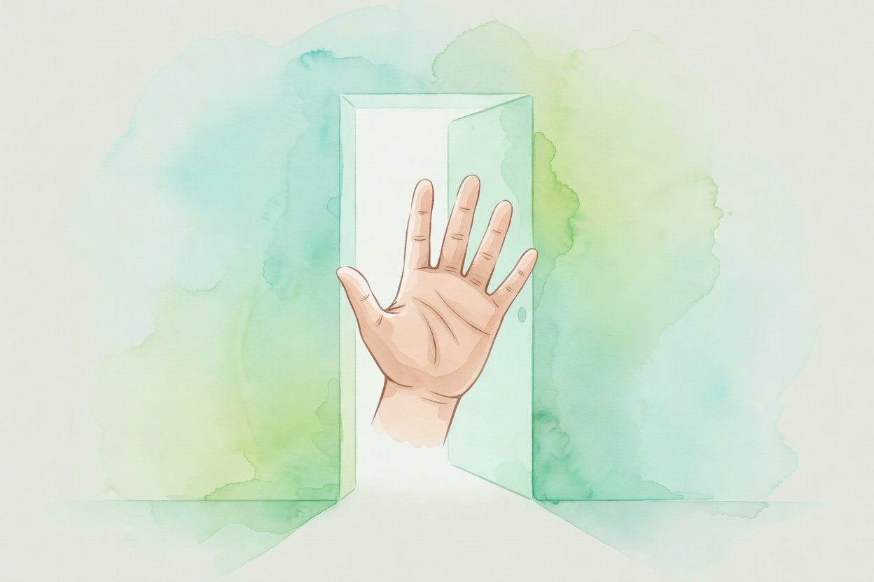 Composicion en acuarela sobria: una mano abriendose como una puerta abierta simbolizando permiso para empezar, atmosfera de autorizacion, paleta mint verde, cal, turquesa palido.