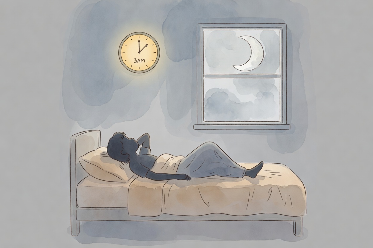 Composicion en acuarela sobria: silueta de persona mirando el techo desde la cama en la oscuridad, reloj mostrando las 3AM con resplandor tenue, ventana con luna parcial, paleta con tonos azul grisaceo, beige calido y mostaza suave.