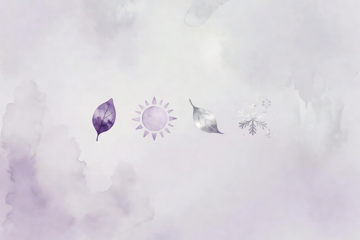 Cuatro estaciones representadas en una sola imagen: hoja cayendo (otono), rama desnuda (invierno), brote verde (primavera), sol calido (verano). Atmosfera de duelo y renacimiento.