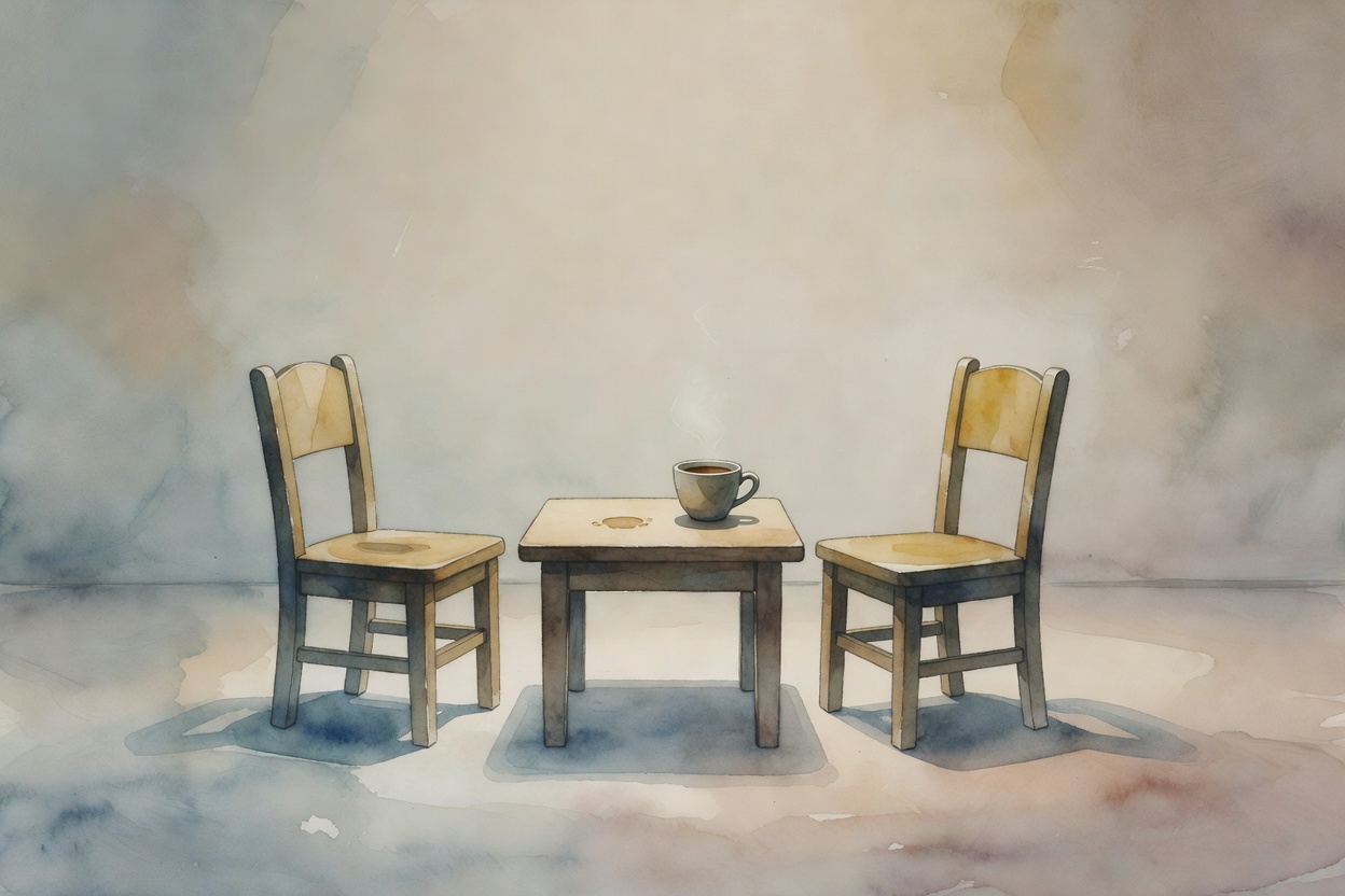 Mesa con teléfono a un lado, taza de cafe a medio tomar, ventana con luz de la tarde, sensacion de espera suspendida sin interlocutor