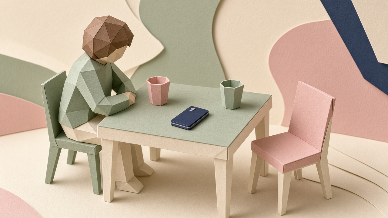 Ilustración papercraft: una persona sola en una mesa de cocina con dos tazas y una silla vacía