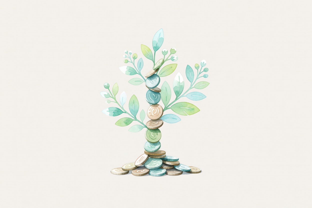 Composicion en acuarela sobria: pequenas monedas formando una planta que crece simbolizando finanzas reconstruidas, atmosfera de renovation financiera, paleta mint verde, cal, turquesa palido.