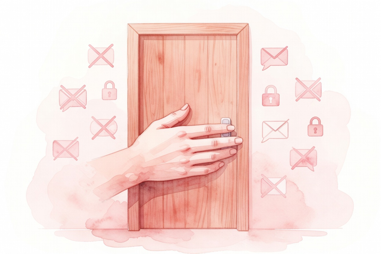 Composicion en acuarela sobria: mano cerrando una puerta con simbolos de mensajes bloqueados, atmosfera de limite sano, paleta coral muted, rosa palido, durazno.