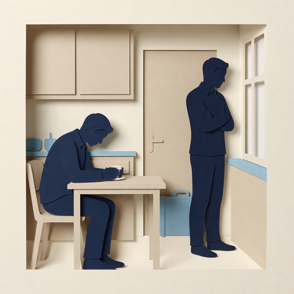 Dos adultos en una relación de pareja tensa: uno sentado con la taza entre las manos, el otro de pie con los brazos cruzados mirando por la ventana. Cocina de noche, luz cálida, fondo crema.