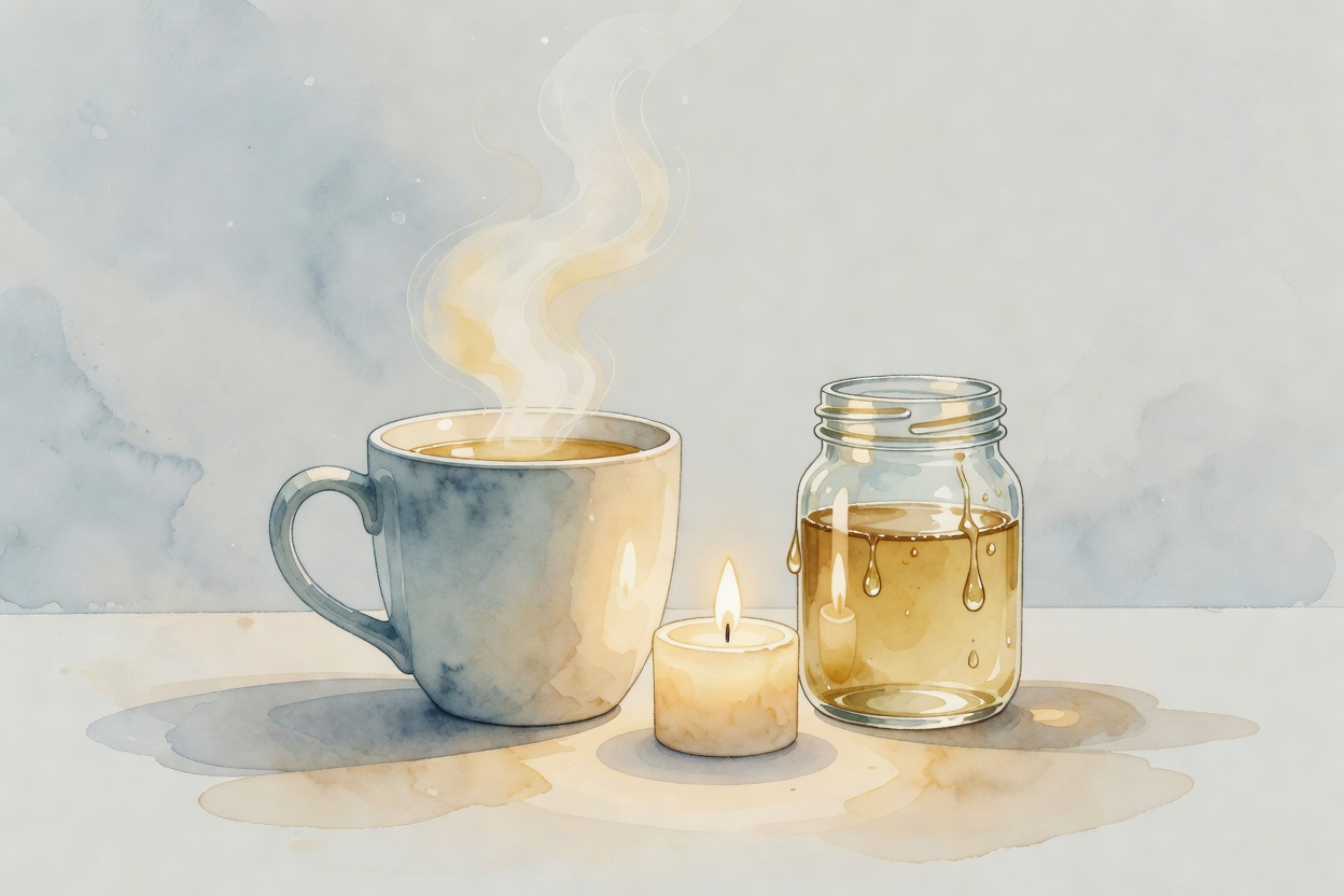 Composicion en acuarela sobria: taza de infusion humeante (manzanilla o tila) junto a pequena vela, tarro de cristal con gotas de extracto (melatonina o magnesio), texturas suaves y calidas, paleta con tonos azul grisaceo, beige calido y mostaza suave.