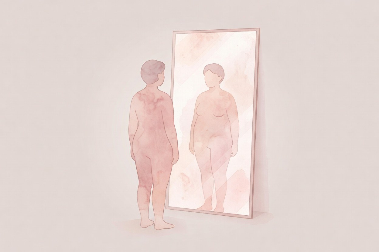 Editorial watercolor illustration with teal and sand gradient on the concept of looking in the mirror without the image defining self-worth, with a silhouette facing a soft reflection