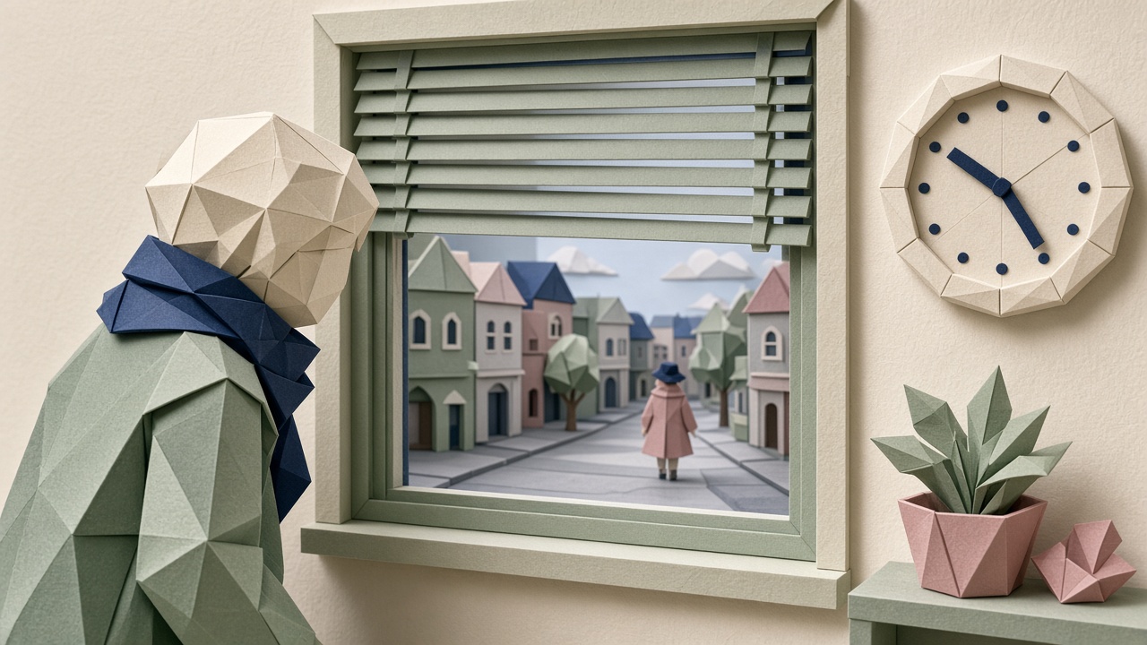 Ilustración papercraft: una persona revisa por la persiana mientras otra se aleja por la calle al atardecer