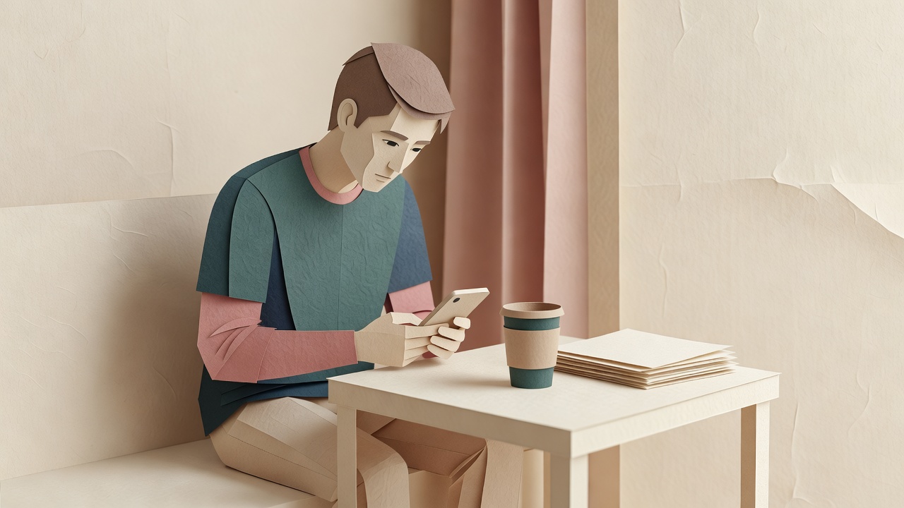 Mesa de noche con un celular boca arriba y la pantalla apagada, taza de café a medio tomar, libro abierto boca abajo con un dedo entre las páginas, luz de amanecer entrando por la ventana
