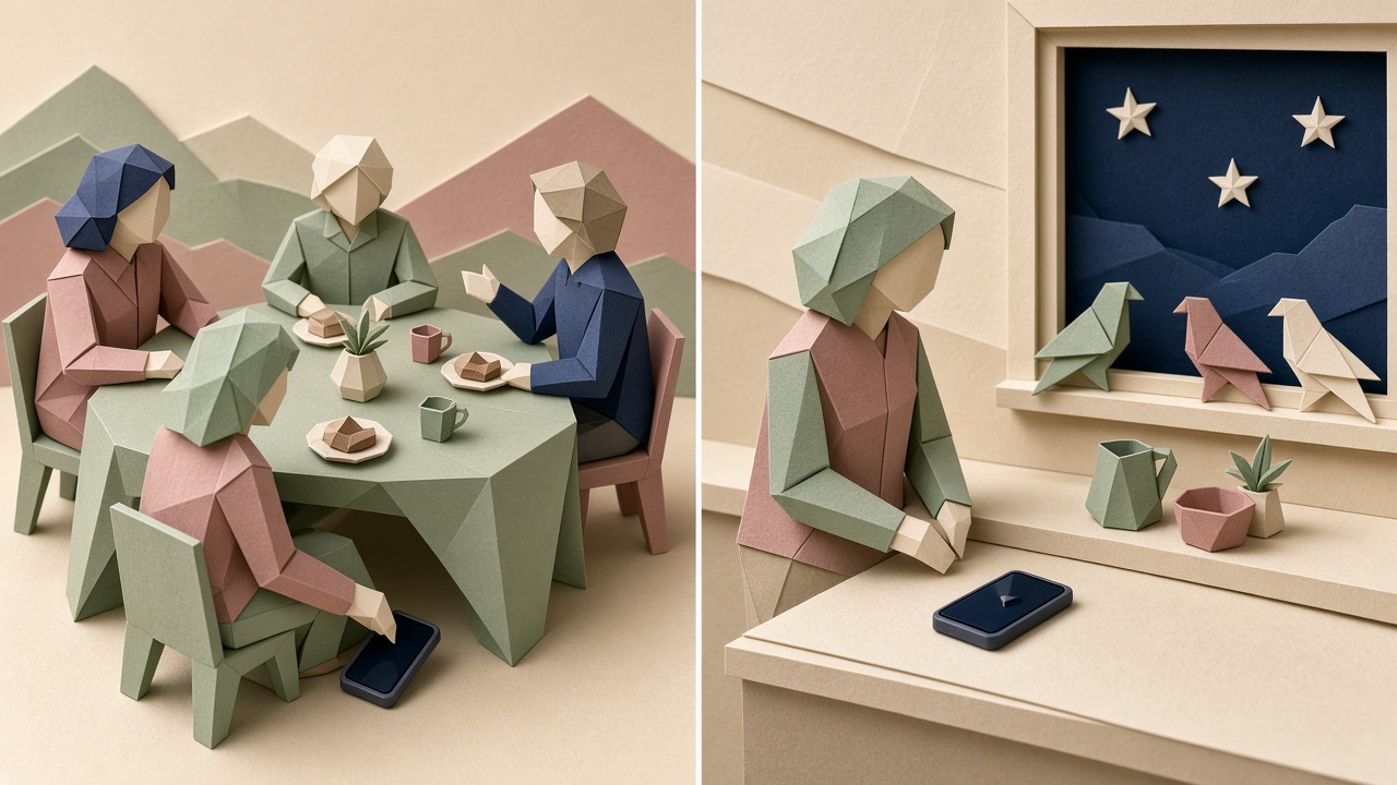 A family kitchen at dusk, four plates set on the table, two phones next to the glasses, a girl of about six watching her father's plate, warm light coming through the kitchen window