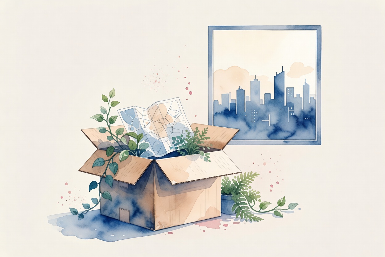 Composicion en acuarela sobria: caja abierta de mudanza con plantas y un mapa, ventana mirando una ciudad nueva, atmosfera de inicio, paleta azul cobalto desaturado, crema calida, polvo rosa.