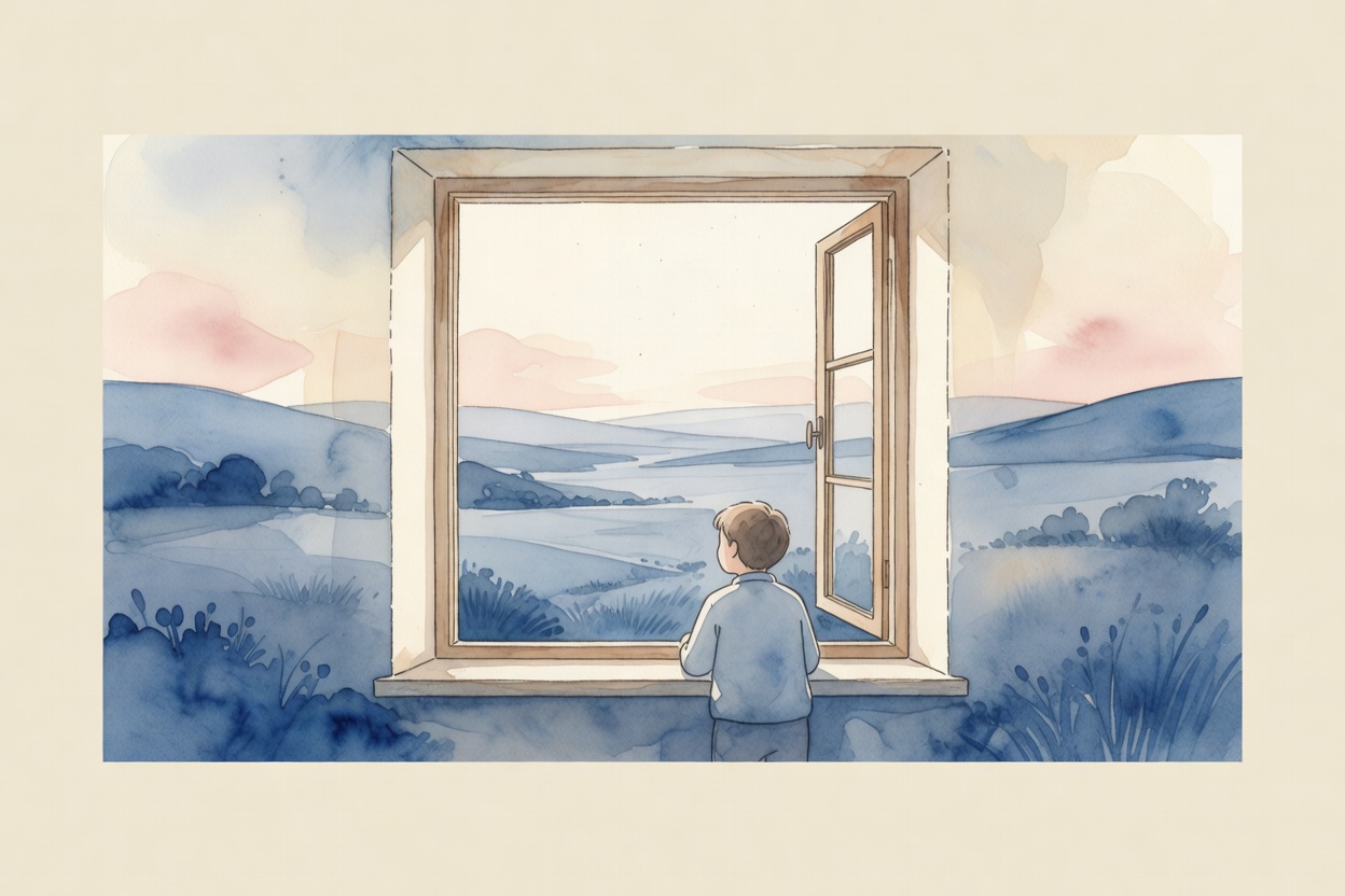 Composicion en acuarela sobria: una persona en una ventana mirando un paisaje silencioso, atmosfera de solitude elegida, paleta azul cobalto desaturado, crema calida, polvo rosa.