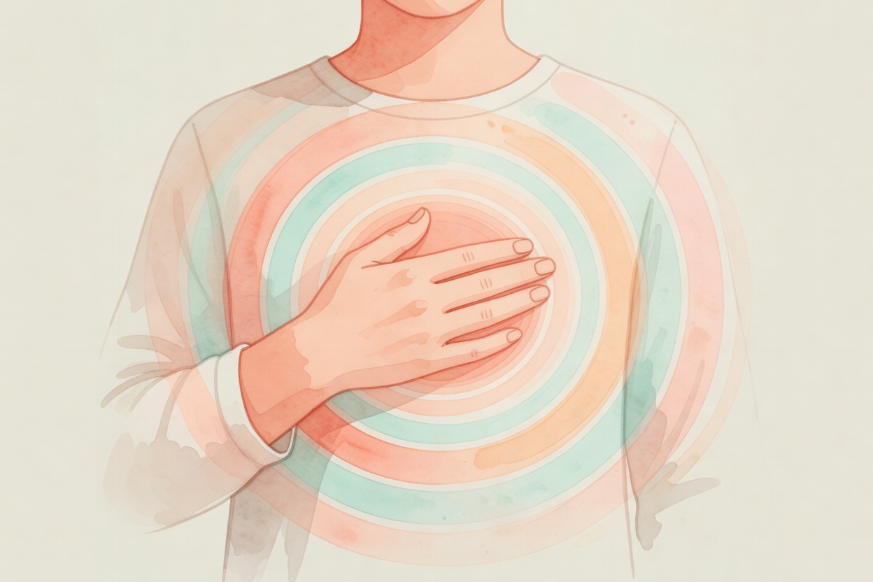 Persona sentada con ojos cerrados, una mano en el pecho y otra en el abdomen, en un espacio calido con luz suave