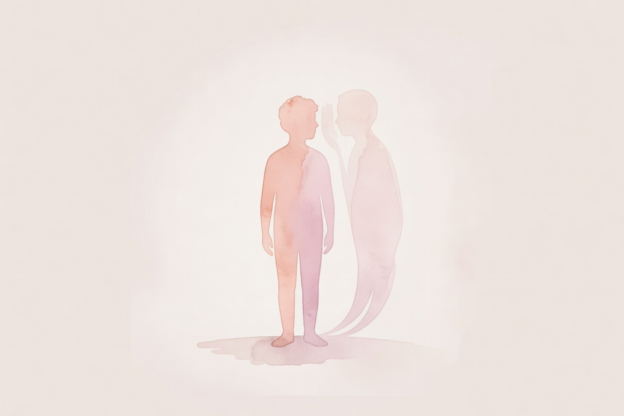 A sober watercolor illustration for an article about the inner critic is a learned voice, not your identity. learn how it forms, why it persists, and how to answer it with a more honest voice.