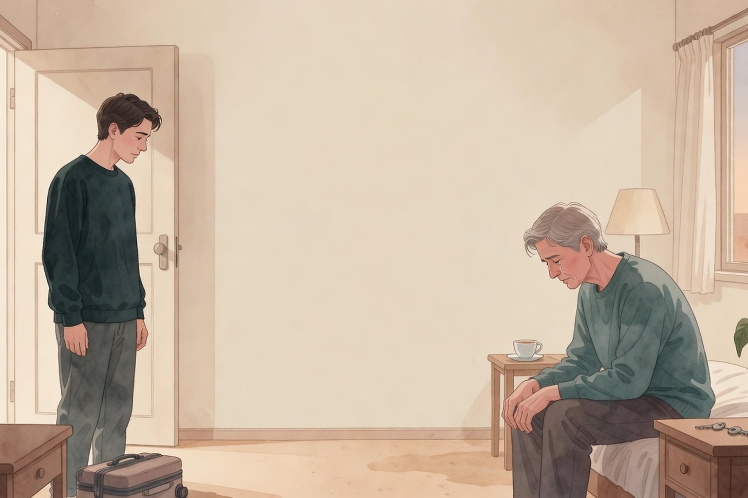 A woman in her early forties sitting on a packed suitcase in a hallway at 6:20 AM, coat on, keys in hand, looking at a closed bedroom door down the hall where soft light is bleeding through the crack